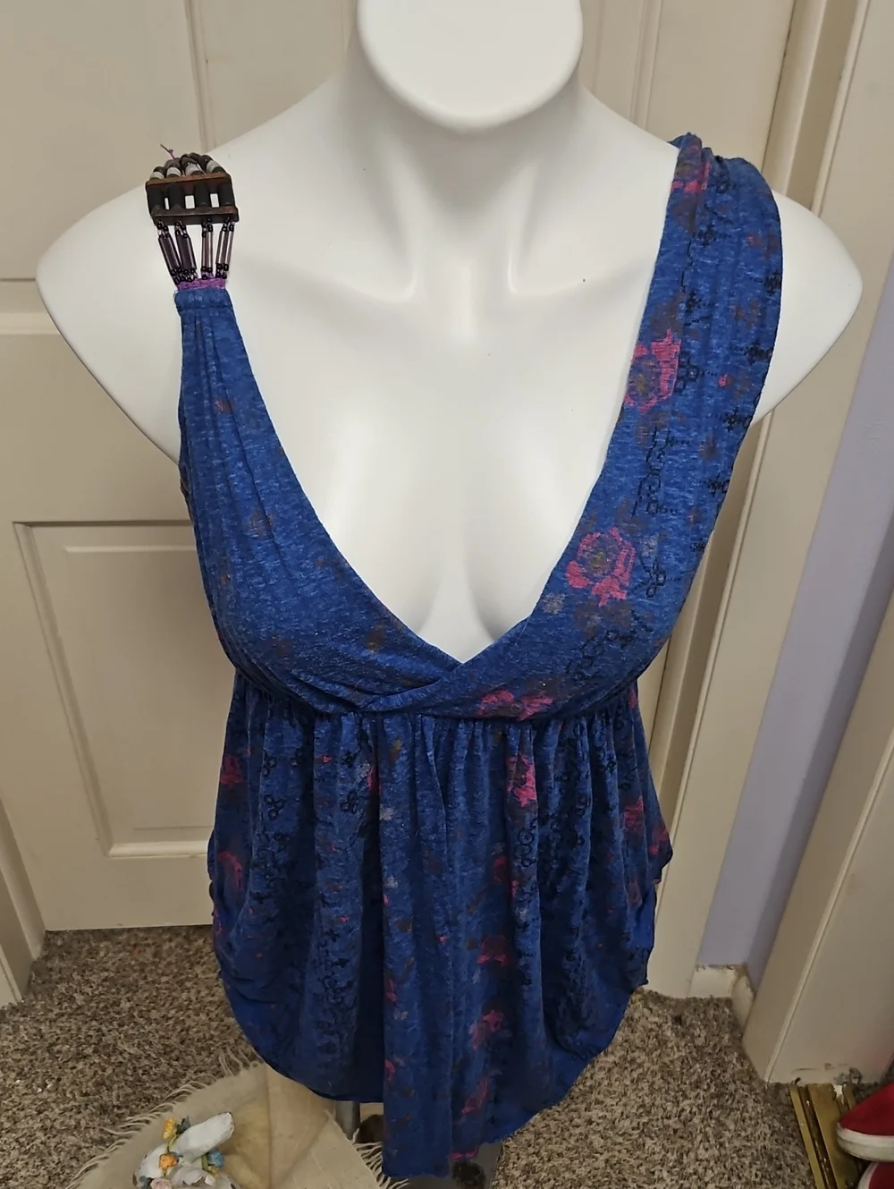 Free People  Blue Gathered Waist Tank with Metal Beads Accent